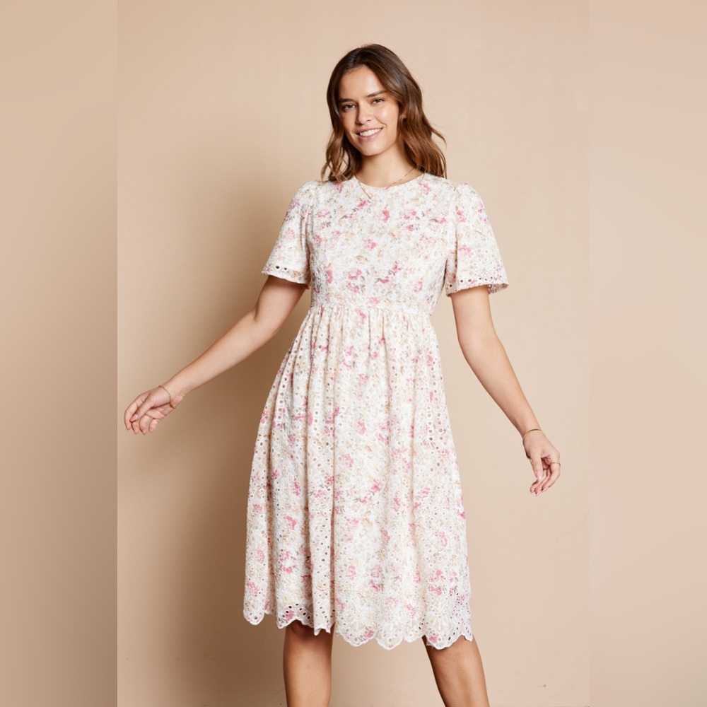 Orange Creek Ivory Floral Embroidered Eyelet Midi Dress